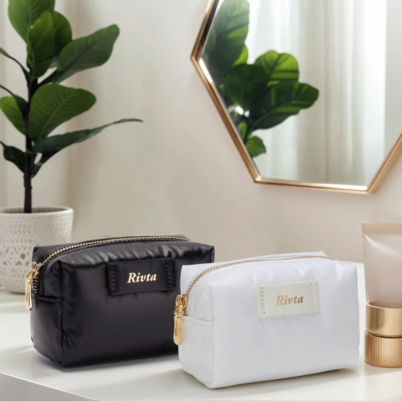 Wholesale Custom Quilted Eiderdown PU Labeled Black RPET Makeup Bag Fashion Style with Zipper Closure