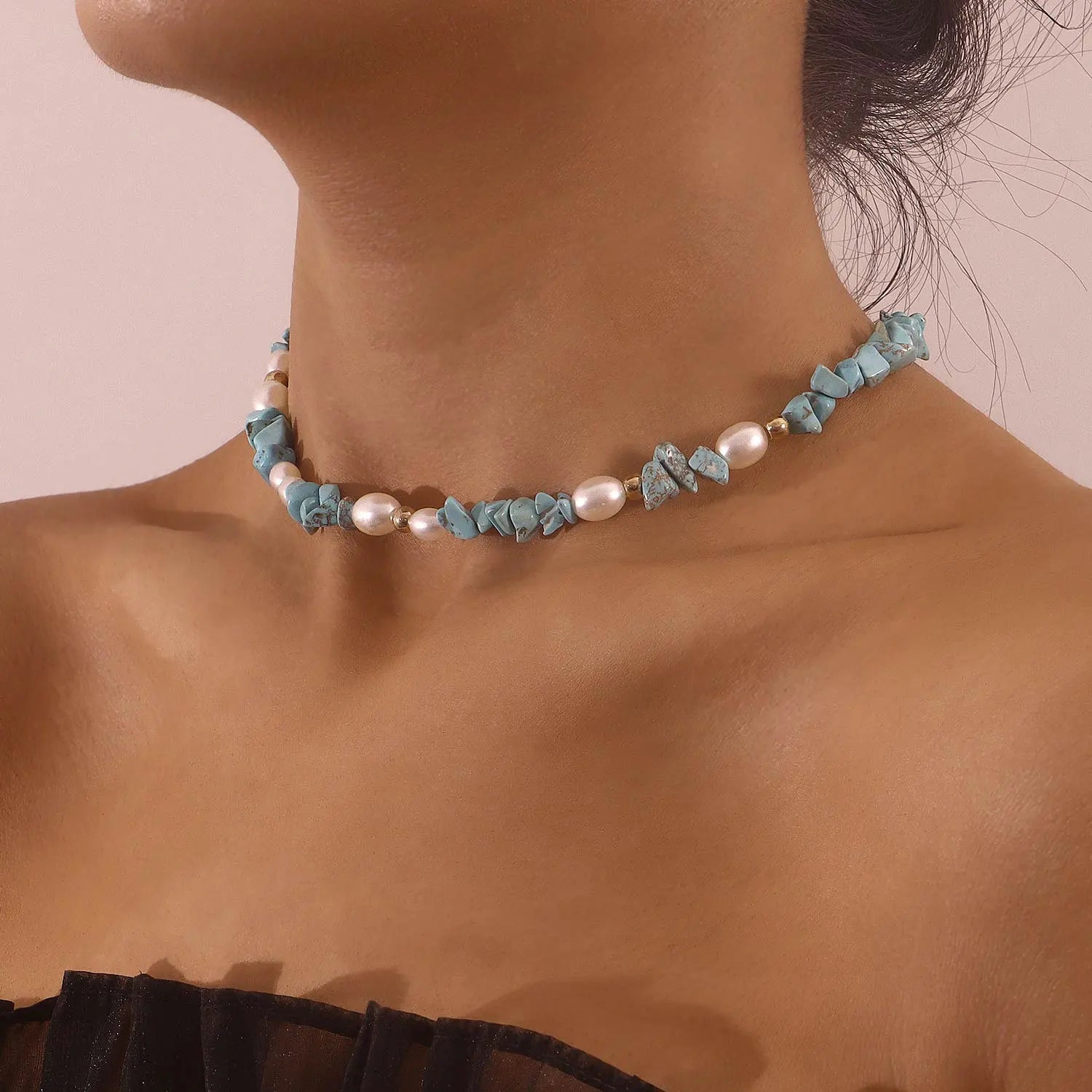 G.T 2022 Fashion Bohemian Gemstone Jewelry Irregular Freeform Chip Gravel Crashed Beads Chain Choker Necklace With Pearl