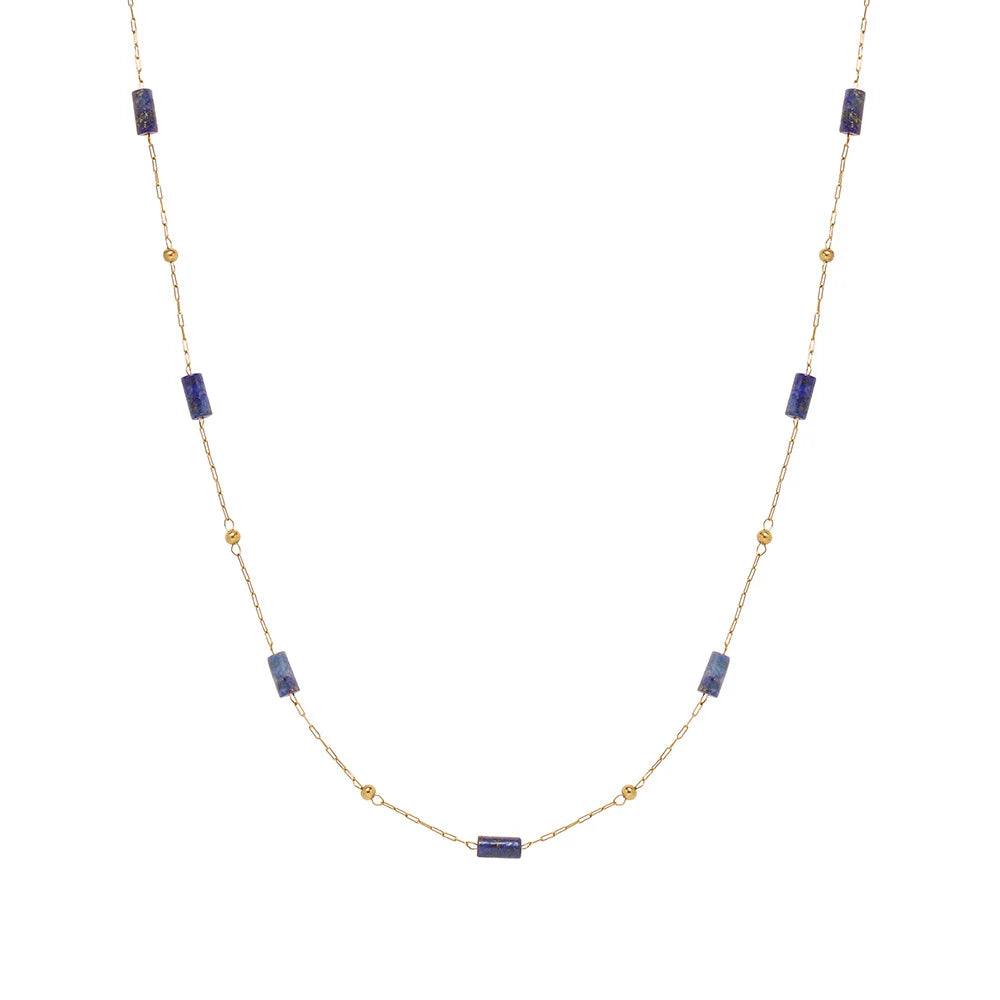 Fenny 18K Gold Plated Waterproof Elegant Lapis Lazuli Tube Bead Pendant Handmade Chain Stainless Steel Necklace for Women