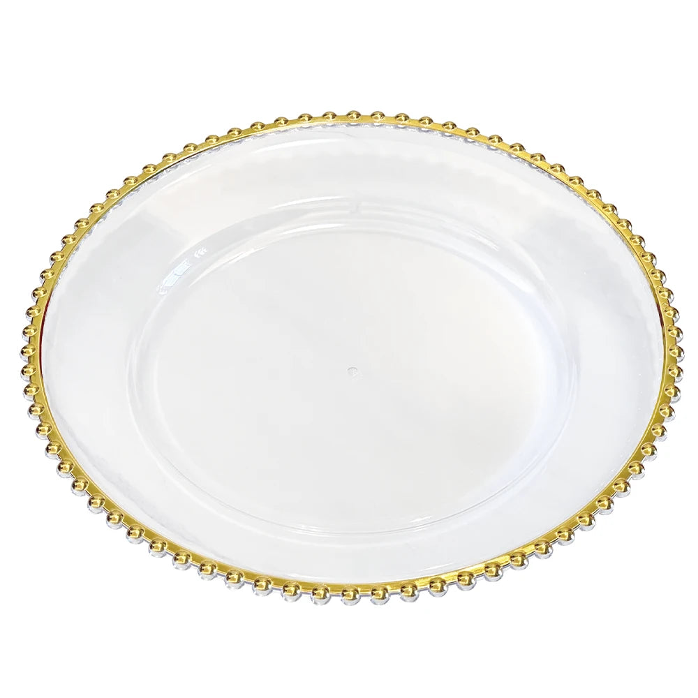 Hot Selling Round Transparent 100pcs Beading Rose Gold Rim Plastic Plate Chargers Decoration for Weddings