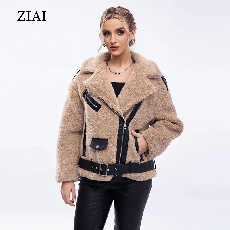 Women Faux Leather Jacket With Fur Collar Warm Fashion Motorcycle Jacket