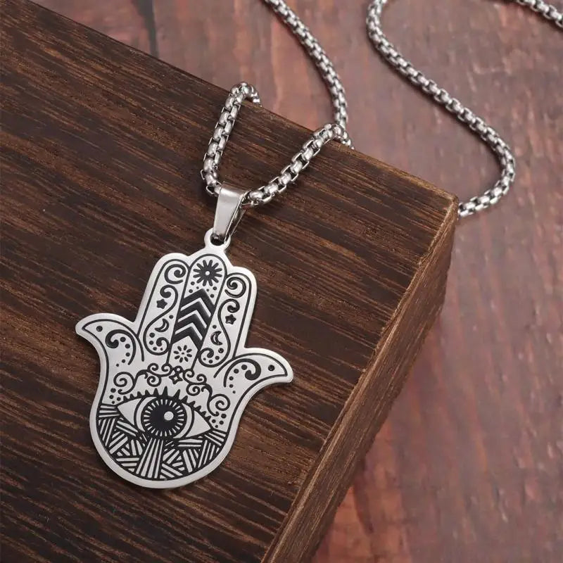 Muslim Moon Goddess Fatima Right Hand Pendant Evil Eye Mary Hamsa Stainless Steel Necklace