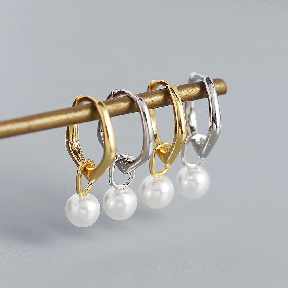 European and American Cross-Border New S925 Silver INS Geometric Metal Style Antique Imitation Pearl Ear Button Silver Earrings