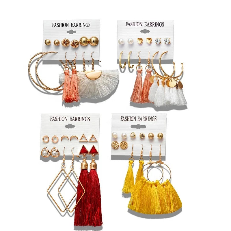 2022 Fashion Leather Leaf  Earrings Set for Women Bohemian Acrylic Hoop Stud Drop Dangle Earrings Tassel Multiple Earrings