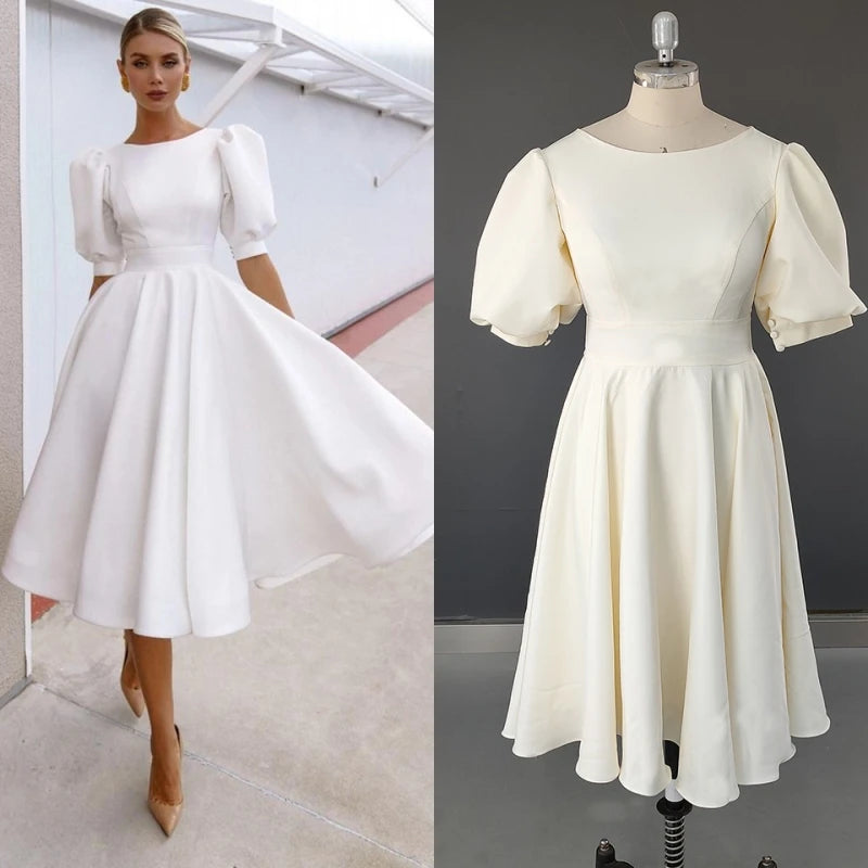 8708# Real Photos Simple Short O-Neck Puffy Sleeves Wedding Dress Soft Stain Bridal Gown Evening Party Skirt for Engagement