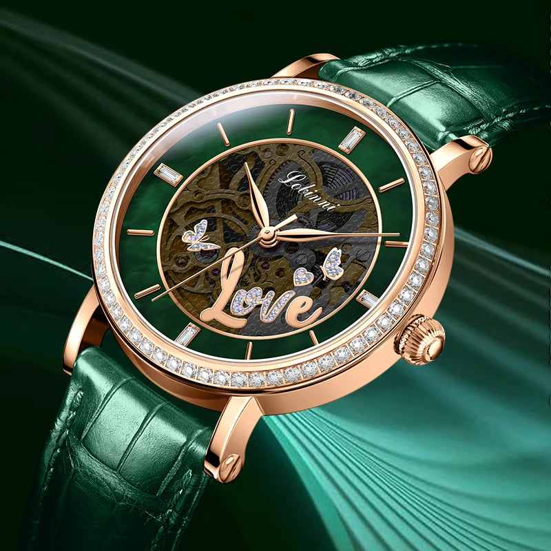 For LOBINNI Luxury Fashion Automatic Wristwatch for Women Stainless Steel Leather Band Water Resistant Glass Dial Pointer Charm
