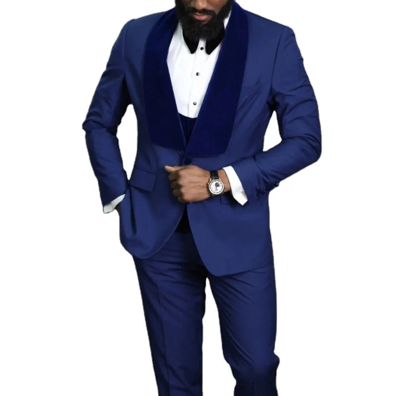 Fashion Custom Made Velvet Lapel Dark Blue Men Suits 3 Pieces Wedding Tuxedo Groom Prom Business Suits Sets (Jacket+Pants+Vest)