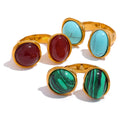JINYOU 1392 Vintage France Natural Stone Stainless Steel Cast Geometric Big Ring Women Fashion Charm Golden Personality Jewelry