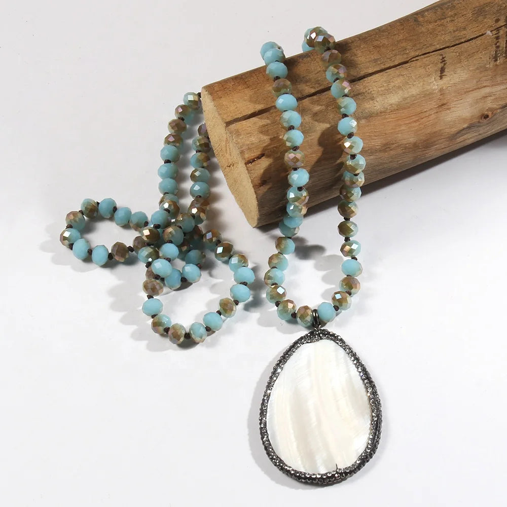 Fashion Bohemian Women Shiny Glass Crystal Knotted Necklace Rhinestone Drop Shell Necklace