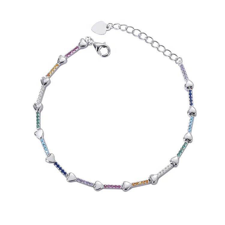 Luxury Boho Designer Rainbow Diamond Zirconia Heart Bar Link Woman Hand Bracelet in 925 Silver Materials for Lover