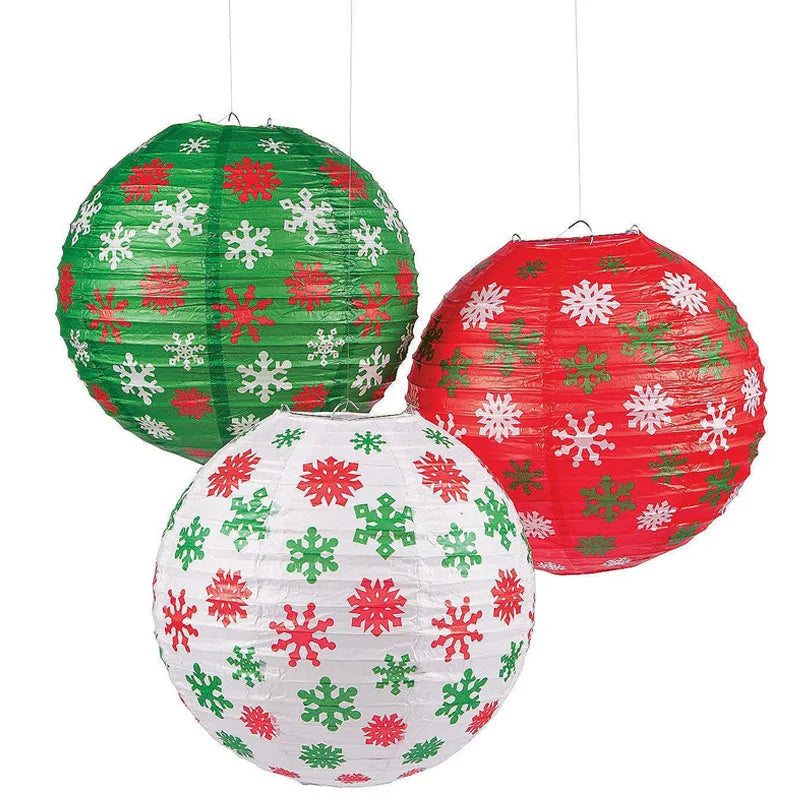 Decorative Christmas Paper & Steel Wire Lanterns with Snowflakes Design Silk Screen Printing Hanging Japanese Chinese Style