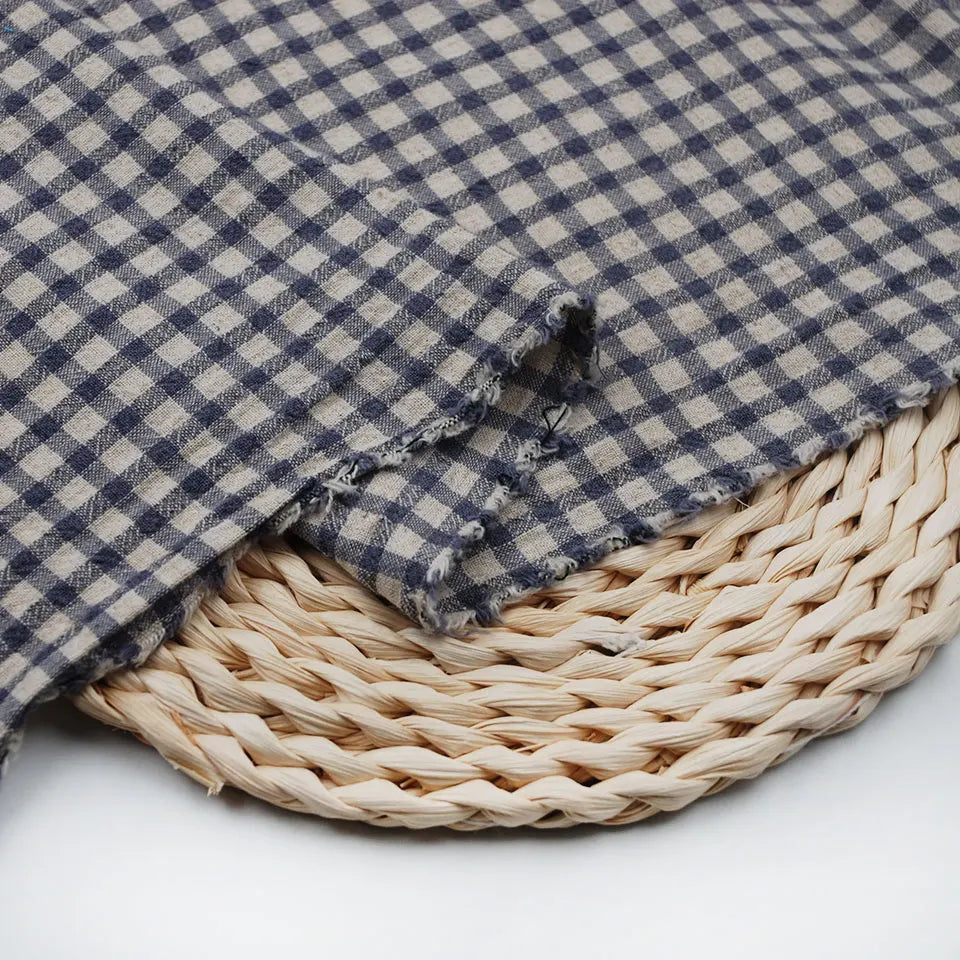 Classical Small Check Cotton Linen Plaid Sand Washed Fabric for Dress Shirts Pants