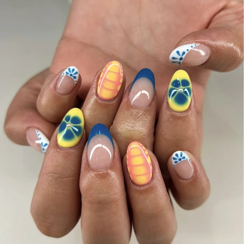 24 Pcs 3961 Vibrant Blue and Yellow French Short Round Nails Press on Nails Artificial Fingernails Customize