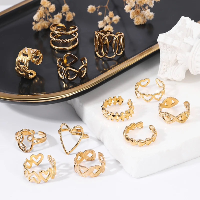 HOVANCI Stainless Steel Finger Rings for Women Jewelry Adjustable Gold Plated Waterproof Hollow Texture Heart Finger Rings
