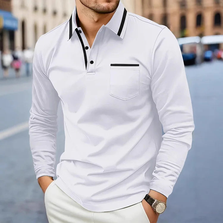 RNSHANGER Men's Casual Spring Polo Shirts Street Daily Patchwork Pocket Solid Color Lapel Long Sleeve Large Size 3XL Polo Shirt