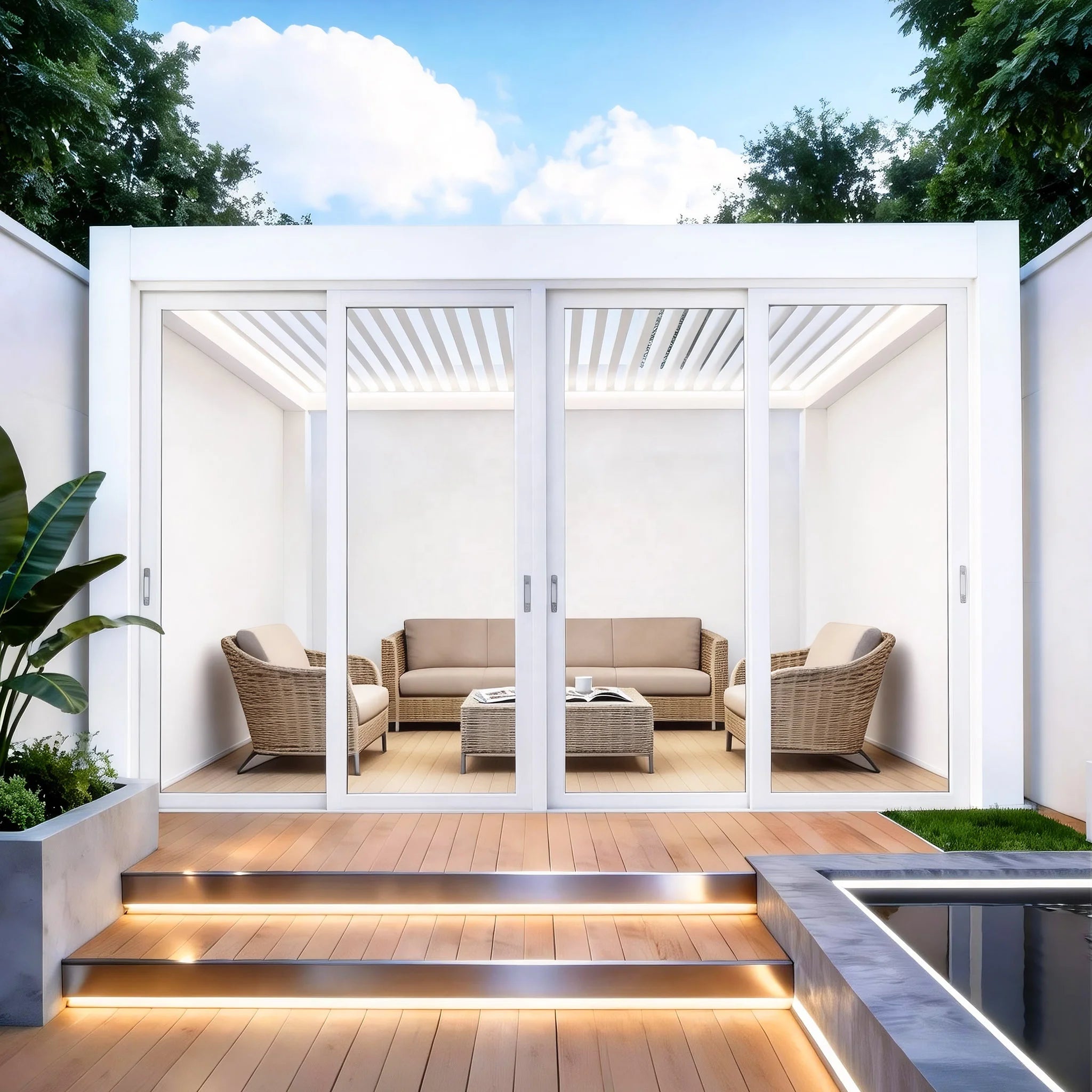 Outdoor Garden Rainproof Panel Slats Motorized Electric Adjustable Powder Coated Gazebo Bioclimatic Louvered Aluminum Pergola