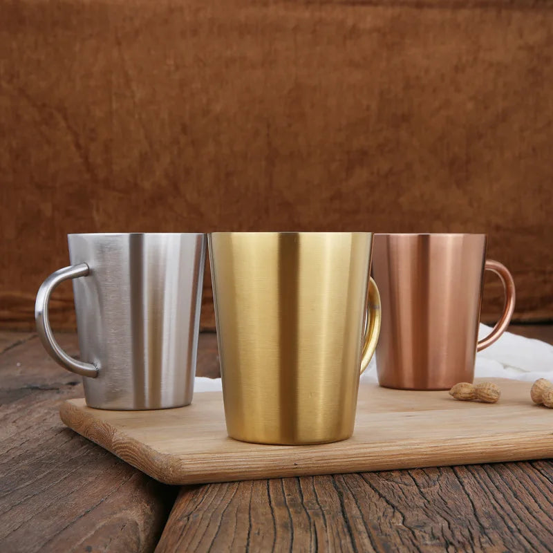 Double Layer Stainless Steel Mug Food Grade Insulated Coffee Cup with Handle for Home Office Silver Gold Rose Gold Color