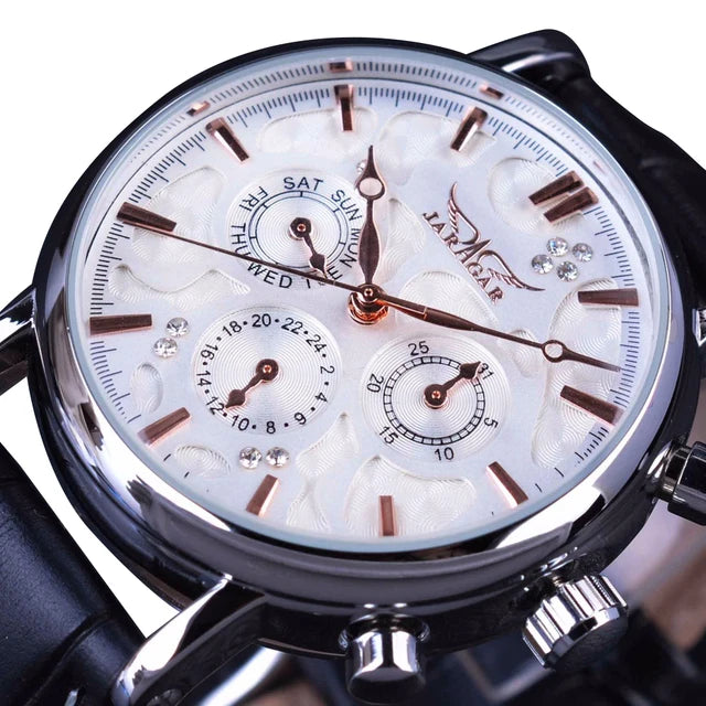 Top Jaragar Men's Automatic Mechanical Watch Luxury Calendar Week Ripple Design Clock Waterproof Leather Men Wrist Watches