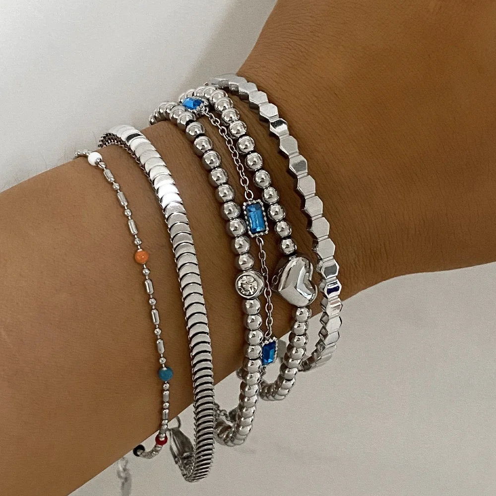 Waterproof PVD Gold Plated Blue Crystal Enamel Heart Beaded Stainless Steel Custom Bead Chain Bracelet Bangles Unisex Trendy