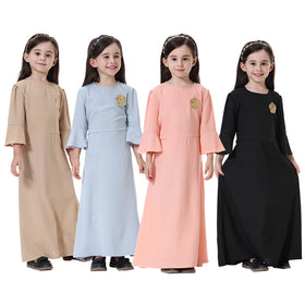 Polyester Muslim Girl Dress for 8-14 Years Loose Trumpet Sleeves Long Dress Kids Apparel for Girls