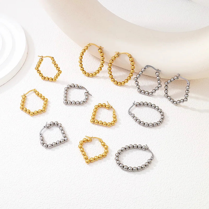 Fashionable Personalized Stainless Steel Italian Jewelry Wholesale 18K Gold Plated Beads Beaded Geometric Hoop Earrings Women