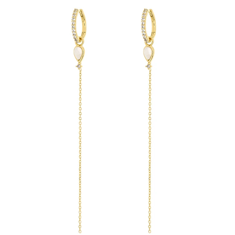 Gemnel 925 Sterling Silver 18k Gold Opal Diamond Long bar Chain Threader Linked Huggie Earrings