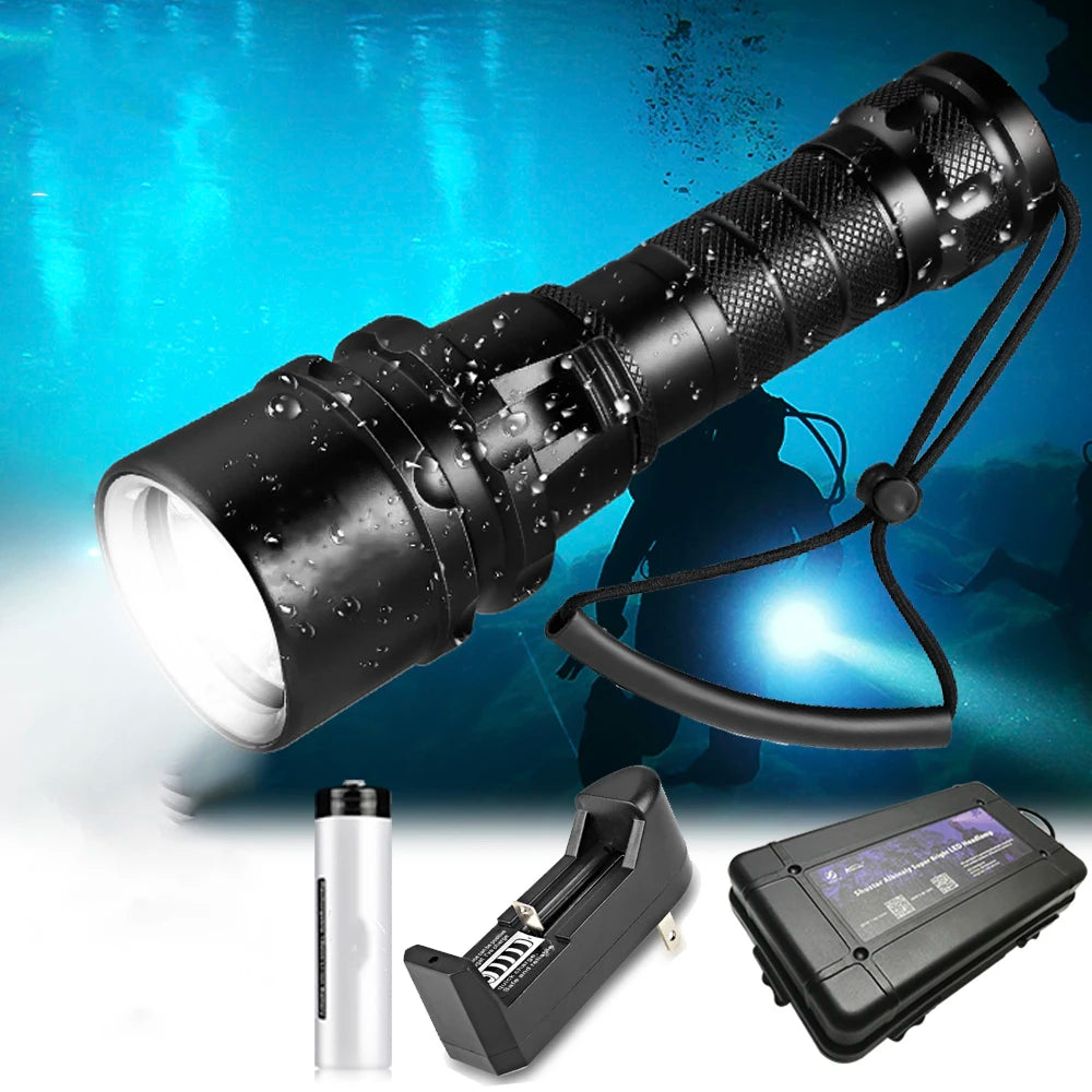 2000 Lumens Highest Waterproof Rating Professional IP68 With Hand Rope 18650 Battery L2 Led Diving Torch Light Flashlights