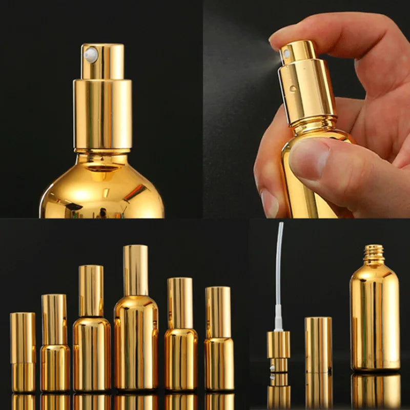 UV Gold Glass Spray Pump Bottle with Mist Sprayer for Skin Care Serum Massage Oil Perfume 5ml to 100ml Sizes Available