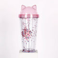 New Environmentally Friendly 16oz Glitter Tumbler Double Wall Plastic Cold Cat Ear Cup Without BPA with Lid for Travel Mugs