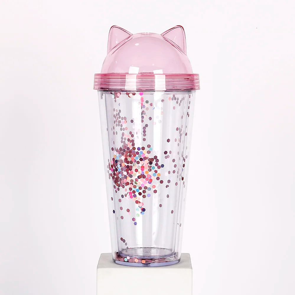 New Environmentally Friendly 16oz Glitter Tumbler Double Wall Plastic Cold Cat Ear Cup Without BPA with Lid for Travel Mugs
