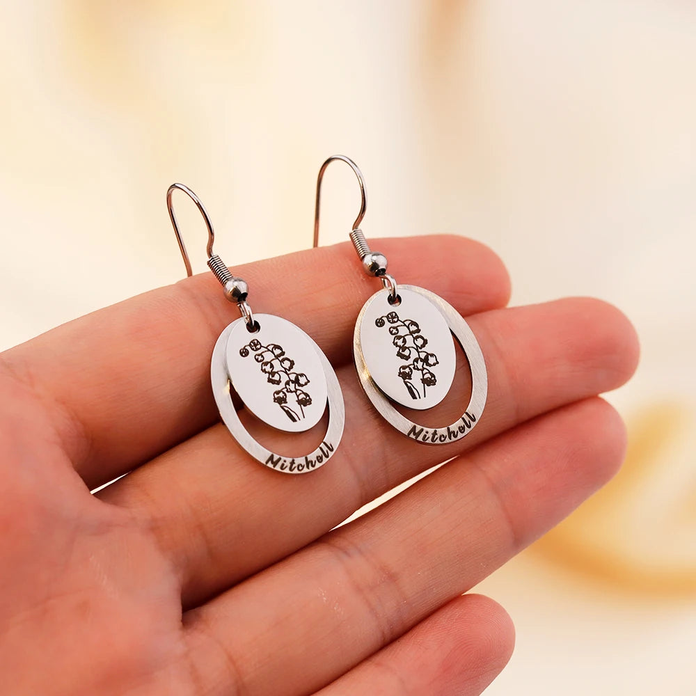 Personalized Name Gold Earrings Stainless Steel Fashion Jewelry Earrings Birth Flower Design for Women and Girls