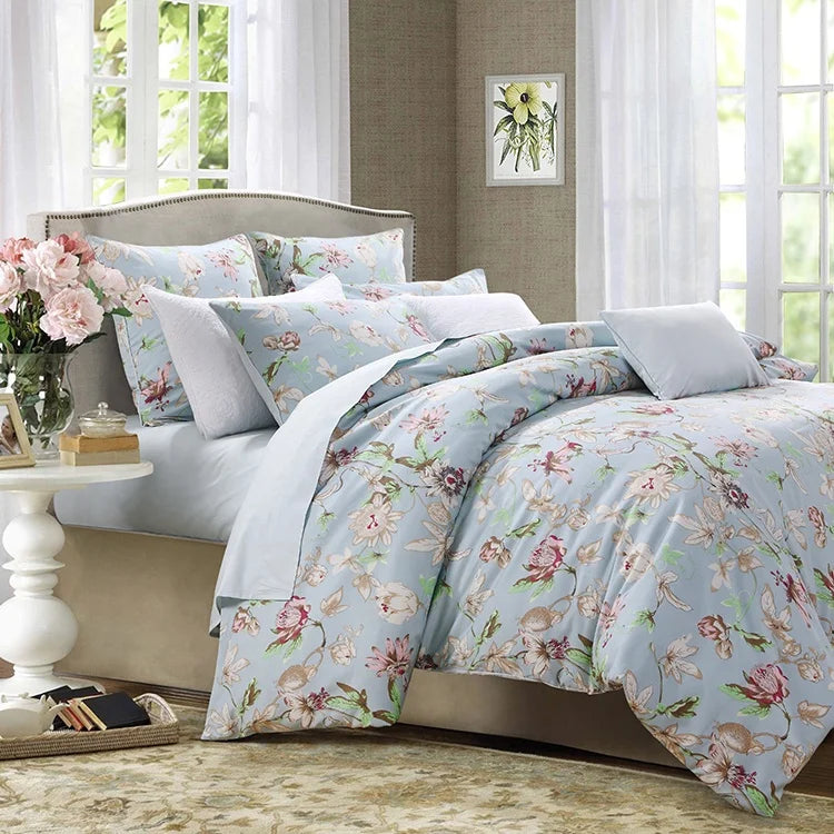 Luxury Printing Comforter Bed Sheets Egyptian Cotton 4pcs Bright Blue Bedding Set