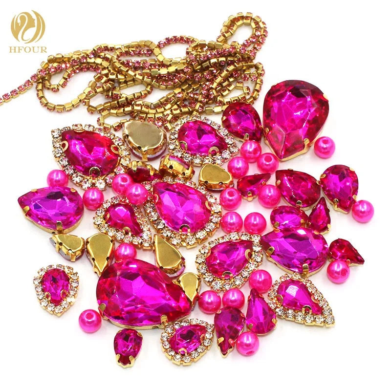 Wholesale 3D Rose Red Mixed Crystal Glass Rhinestones Pearls Chain with Gold Claw Sew-on Garment DIY Projects 12 Facets