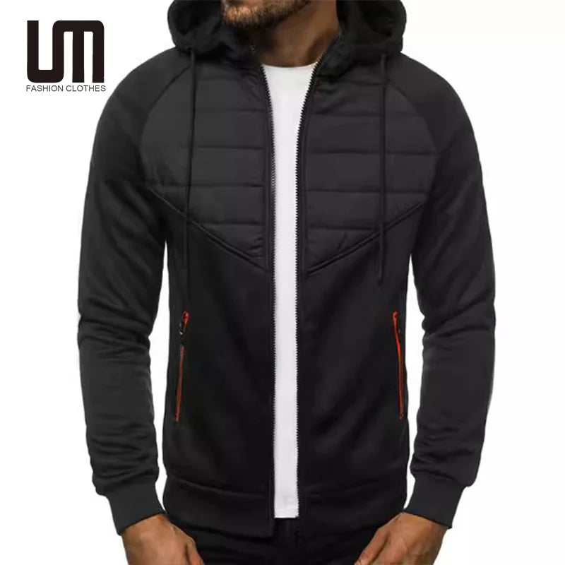 OEM Autumn Winter Men's Casual Hooded Sweatshirt Trending Patchwork Color Zipper Jackets Polyester