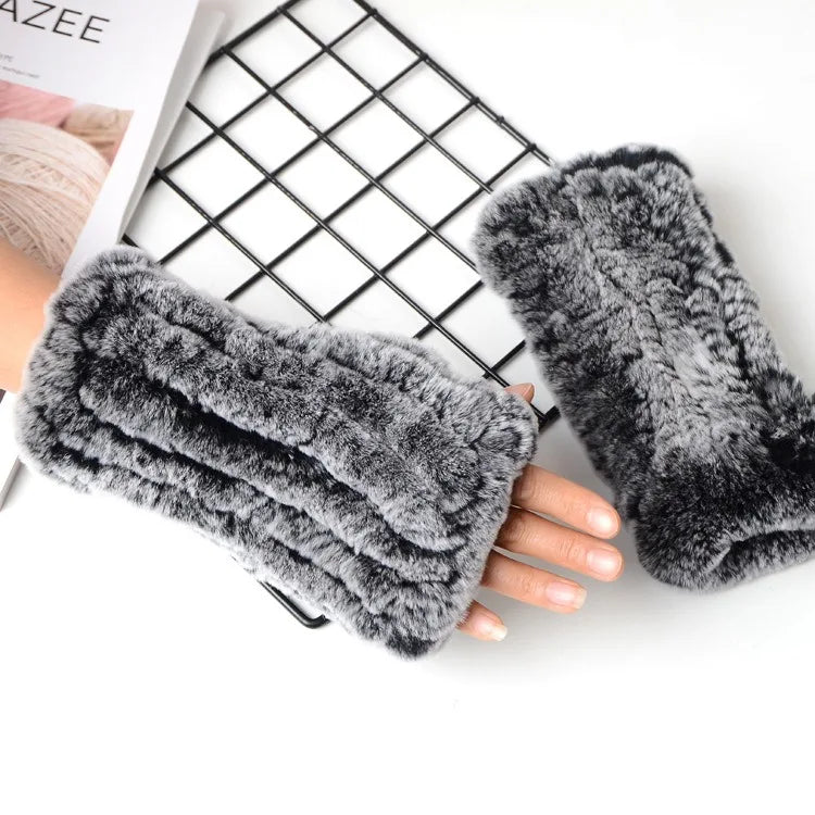 Fashion Real Rex Rabbit Fur Women's Winter Gloves Genuine Fur Mittens Girl Fingerless Gloves Wrist Warmer Elastic Fluffy