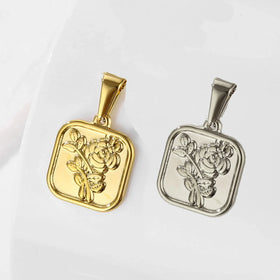 Boho Style Square Rose Pendant 20mm Stainless Steel Fashion Women Men Flower Rose Necklace Pendant Accessories
