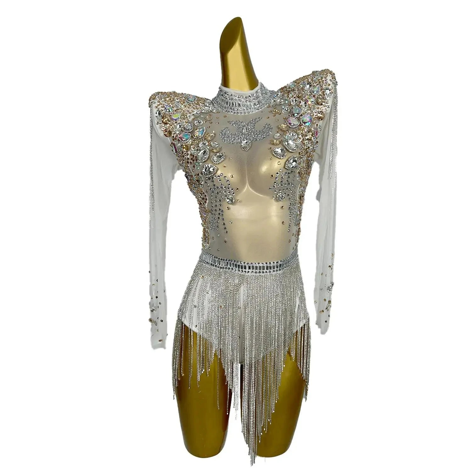 Luxury See Through Diamond One Piece Bodysuit Fringes Skirts Women Carnival Party Jumpsuit Exotic Dancer Costume Festival Outfit