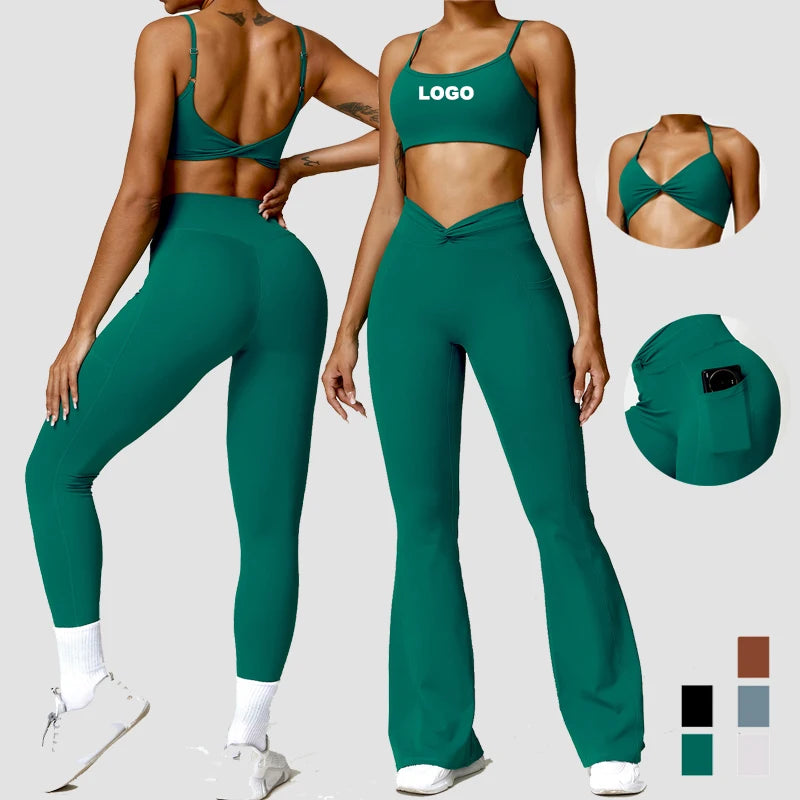 JOYYOUNG Women Yoga Set Fitness Gym Clothes Sport Bras Fitness V-cut Waist Biker Shorts Flares Gym Workout Leggings Wear