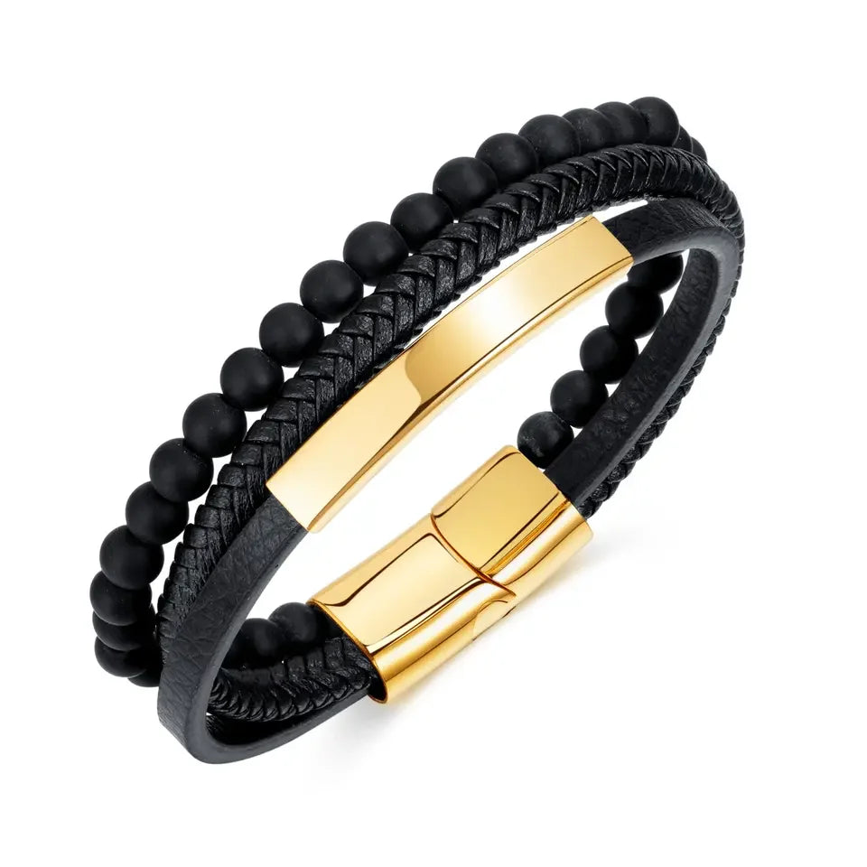 Personalized 18K Gold Plated Simple Multi Layer Leather Woven Natural Stone Stainless Steel Bar Men's Beaded Bracelet PH1511