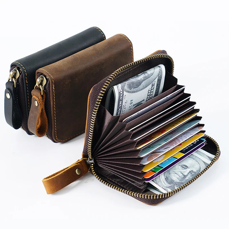 Wholesale Custom Crazy Horse Leather Men RFID Blocking Concertina Coin Wallet Retro Genuine Leather Zipper Credit Card Holder