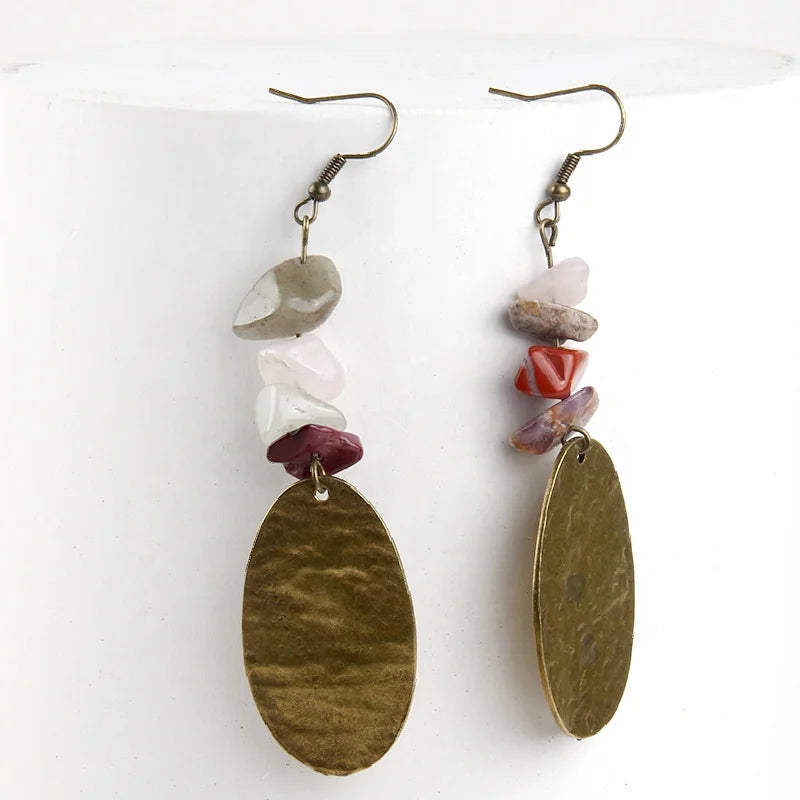 Newest Retro Women Irregular Chip Natural Stone Earring Antique Bronze Long Oval Alloy Dangling Earrings
