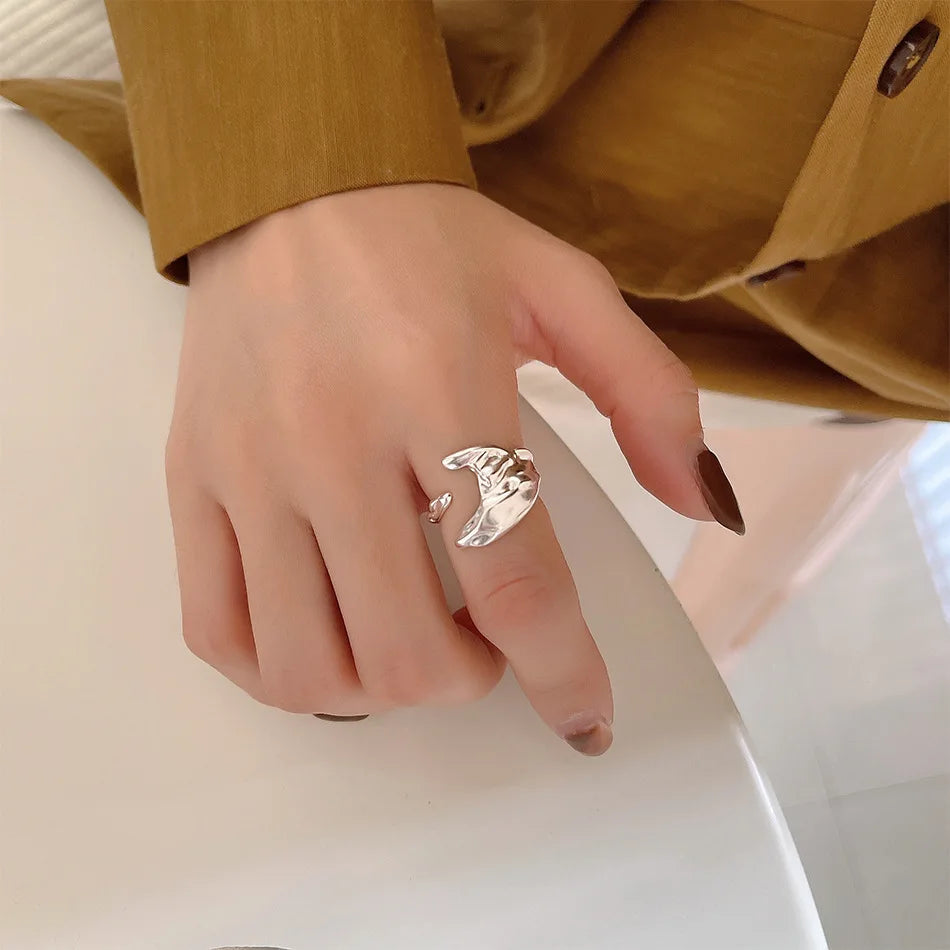 Fashion 925 Sterling Silver Hammered Texture Open Size Rings for Woman