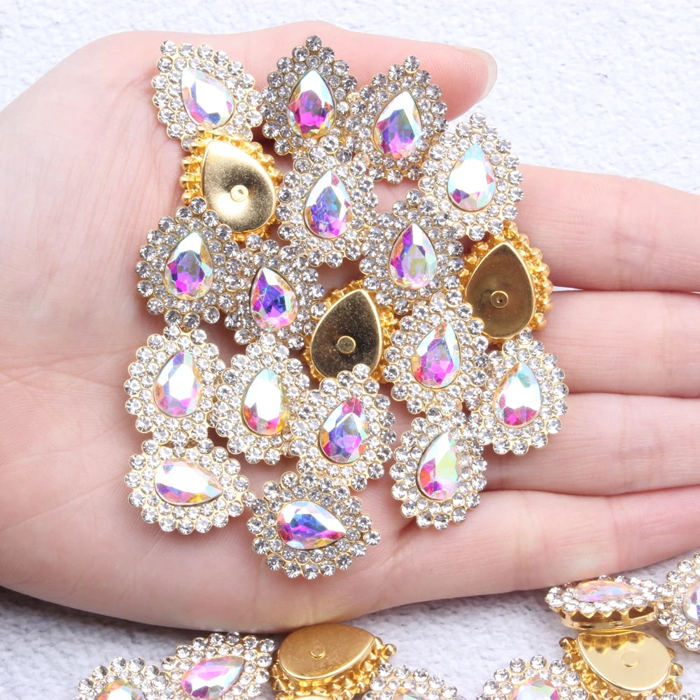 Hot Sale Flatback Claw Glass Rhinestones 7x10mm 200pcs Sew on Tear Shiny Crystals Gold Base for Bags & Clothes
