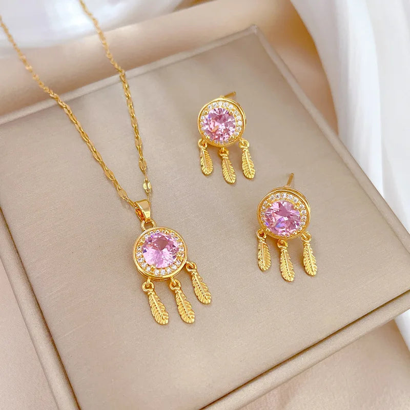 ODM High Quality 18k Gold Plated Stainless Steel Zircon Earrings Jewelry Luxury Geometric Zircon Necklaces for Women