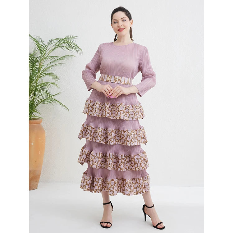 2024 Miyake High End Fashion Dresses Plus Sized Long Sleeve Dresses Belly Slim  Leopard Print Pleated Dress