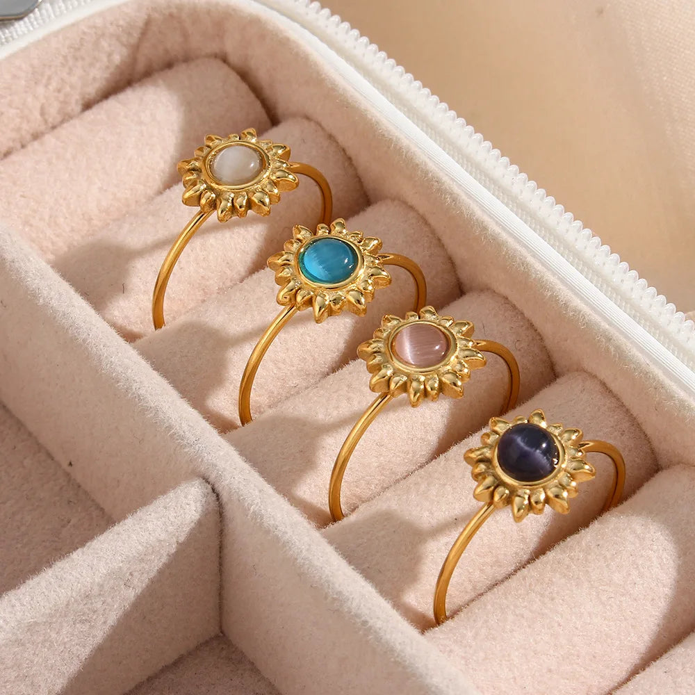 2025 Summer New Trendy Vintage Jewelry Stainless Steel Opening Adjustable Ring Multicolor Natural Opal Ring for Women