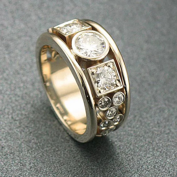 CAOSHI Vintage Style Geometric Design Cubic Zirconia Wide Band Rings for New Trendy Gold Plated CZ Fashion Jewelry Rings for Men