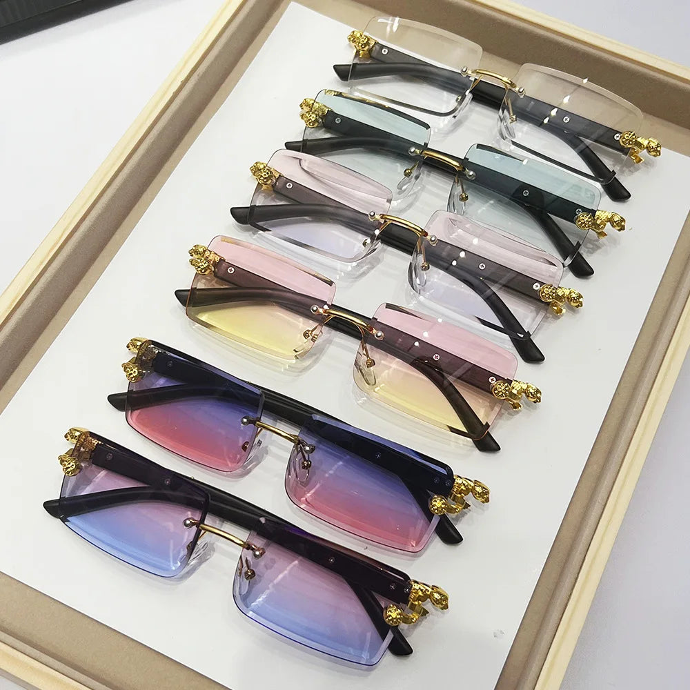 2024 Classic Golden Leopard Head Alloy Metal Animal Sunglasses American Gradient Lens Fashion Rectangular Shades Rimless