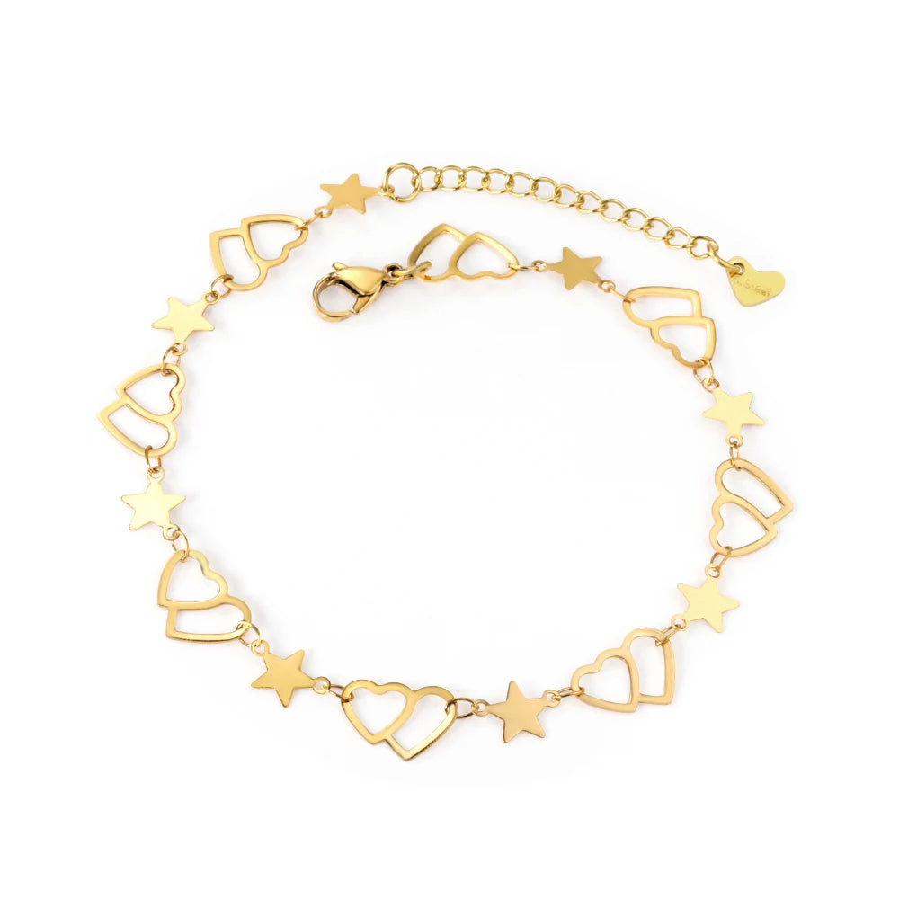 Dropshipping Custom Hollow Love Bling Foot Anklets Jewelry Bracelet Zircon Gold Plated Women Stainless Steel Star Anklet