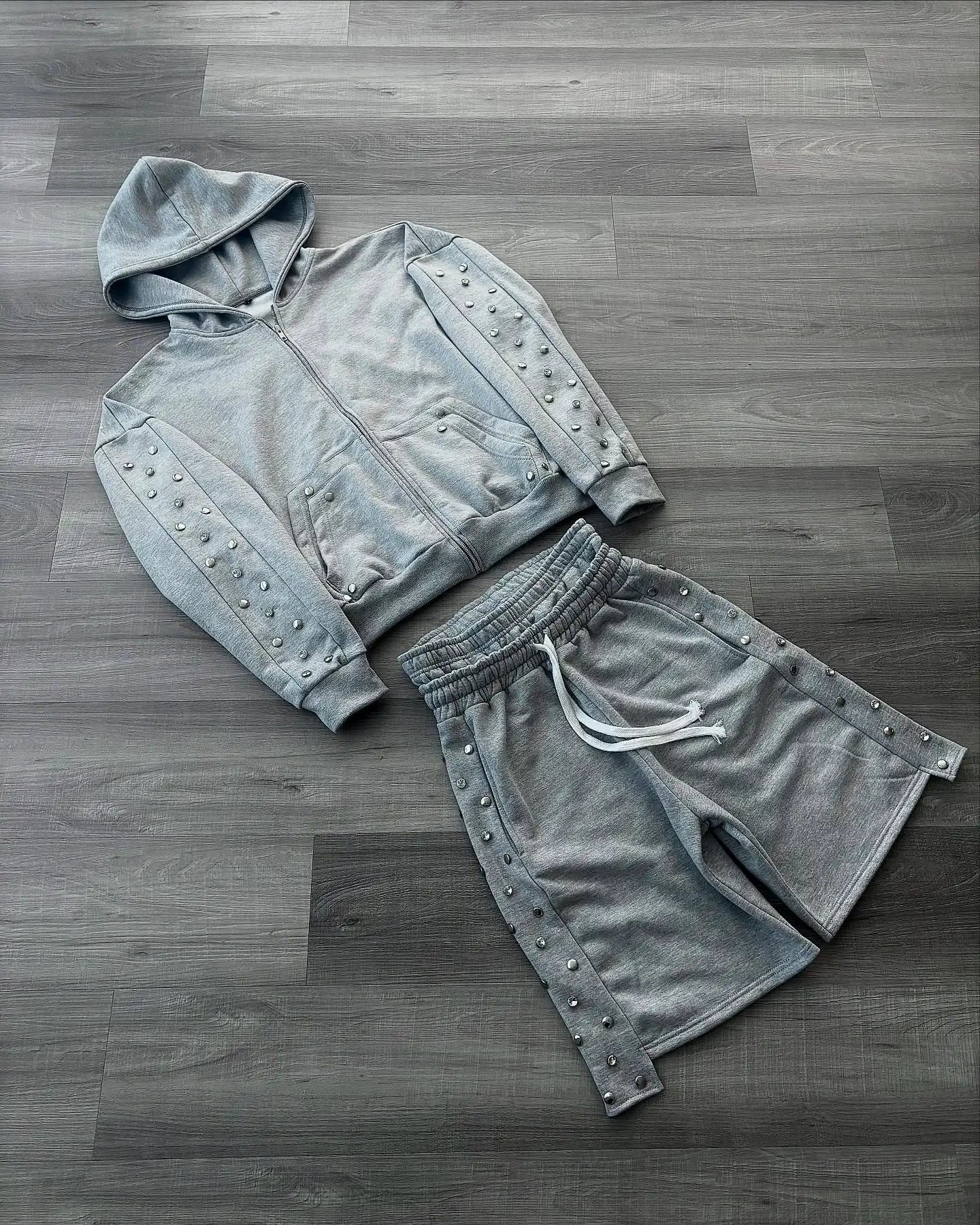 US Free Tax Custom Streetwear Shorts Tracksuit Studs Fleece 100% Cotton Hoodie Shorts Sets Zip up Studs Hoodie Shorts Tracksuits
